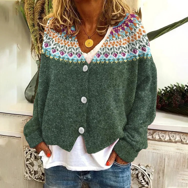 Groene Scandinavische gebreide cardigan - Noorse dames vest - Bakkermode.nl