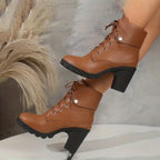 Leren enkellaarzen dames met veters – plateau blokhak laarsjes - Bakkermode.nl