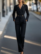 Dames jumpsuit met gouden knoopdetails - elegante kantoorlook in het zwart