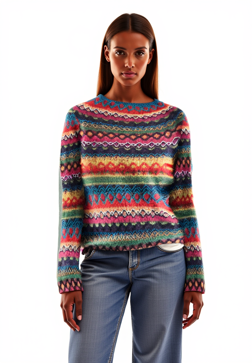 Vrolijke Scandinavische gebreide trui - Noorse dames wollen trui