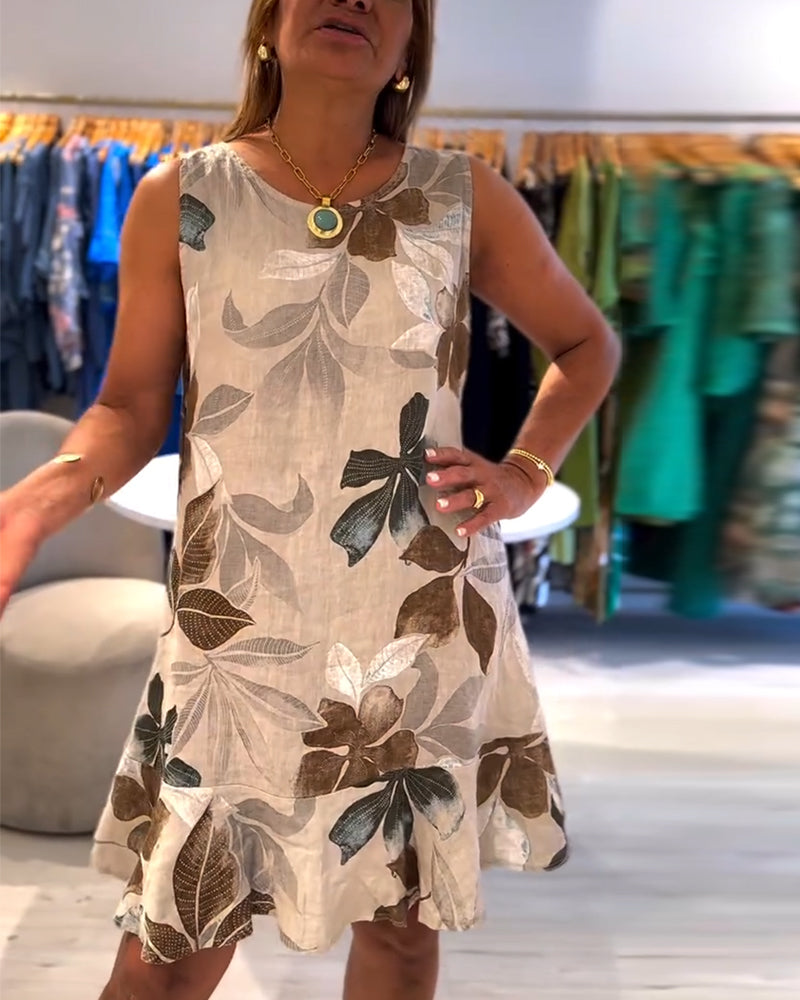 Mouwloze jurk met ronde hals en betoverende bladerenprint - khaki damesjurk