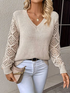 Dames gebreide trui met elegante v-hals - lichtgewicht pullover met kanten mouwen voor casual wear