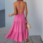 Roze maxi jurk - elegante dames zomerjurk met haakwerk details