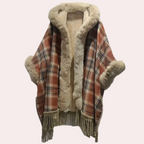 Geruite poncho met nepbont - stijlvolle dames winter wrap