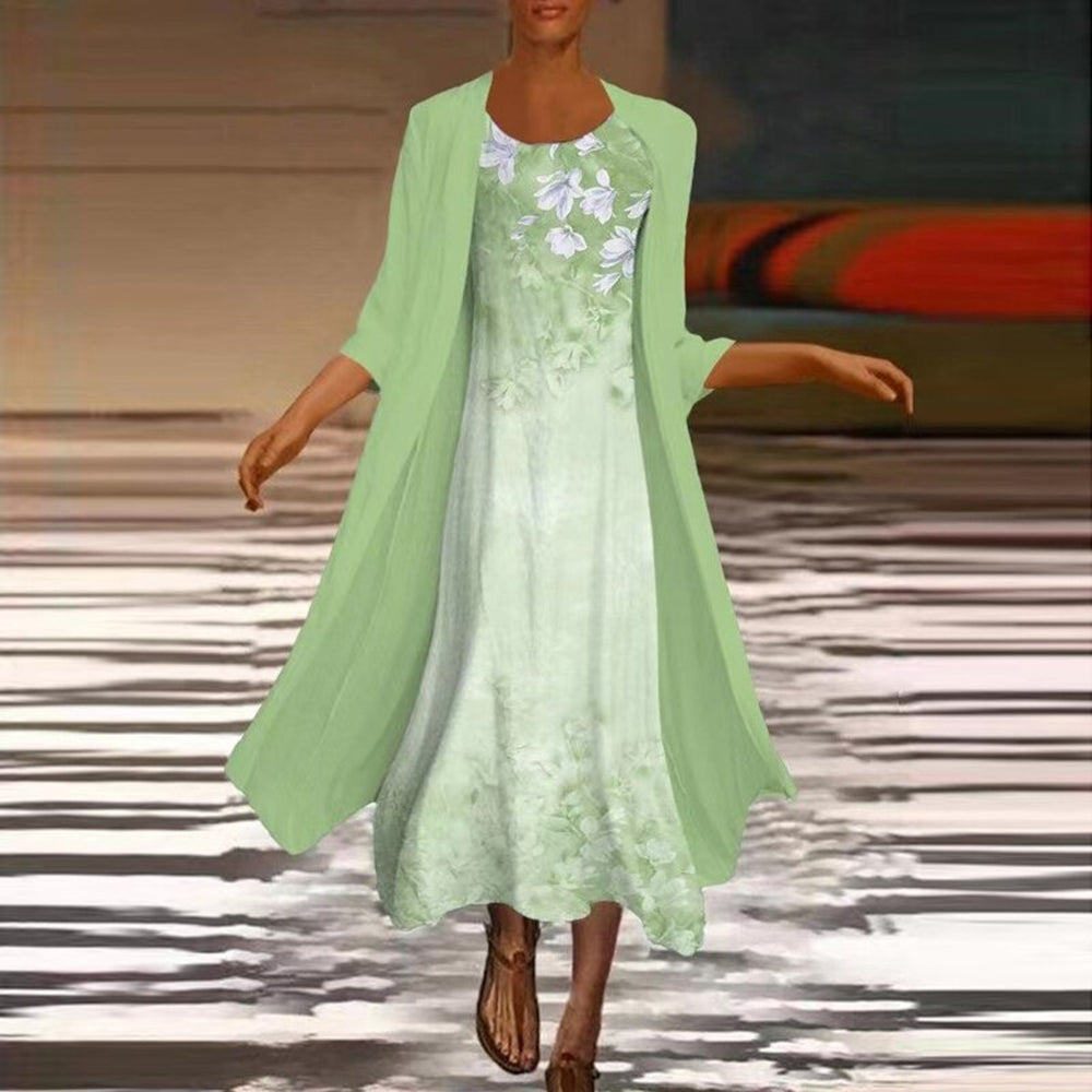 2-delig bloemenjurk en lange jas set - elegante damesoutfit