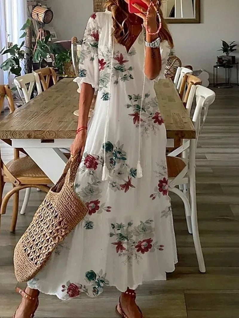 Dames bloemen maxi jurk - lichte bohemian zomeroutfit voor casual uitjes