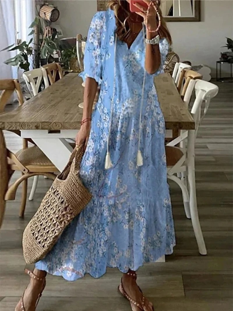Dames bloemen maxi jurk - lichte bohemian zomeroutfit voor casual uitjes