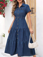 Denim midi-jurk - diepblauwe dames jurk met knoopsluiting