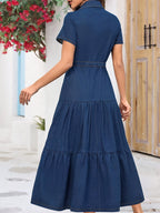 Denim midi-jurk - diepblauwe dames jurk met knoopsluiting