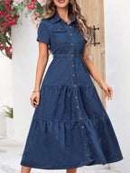 Denim midi-jurk - diepblauwe dames jurk met knoopsluiting