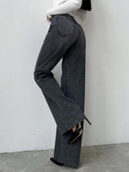 Luipaardprint denim jeans - trendy grijze dames flare broeken