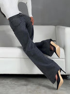 Luipaardprint denim jeans - trendy grijze dames flare broeken