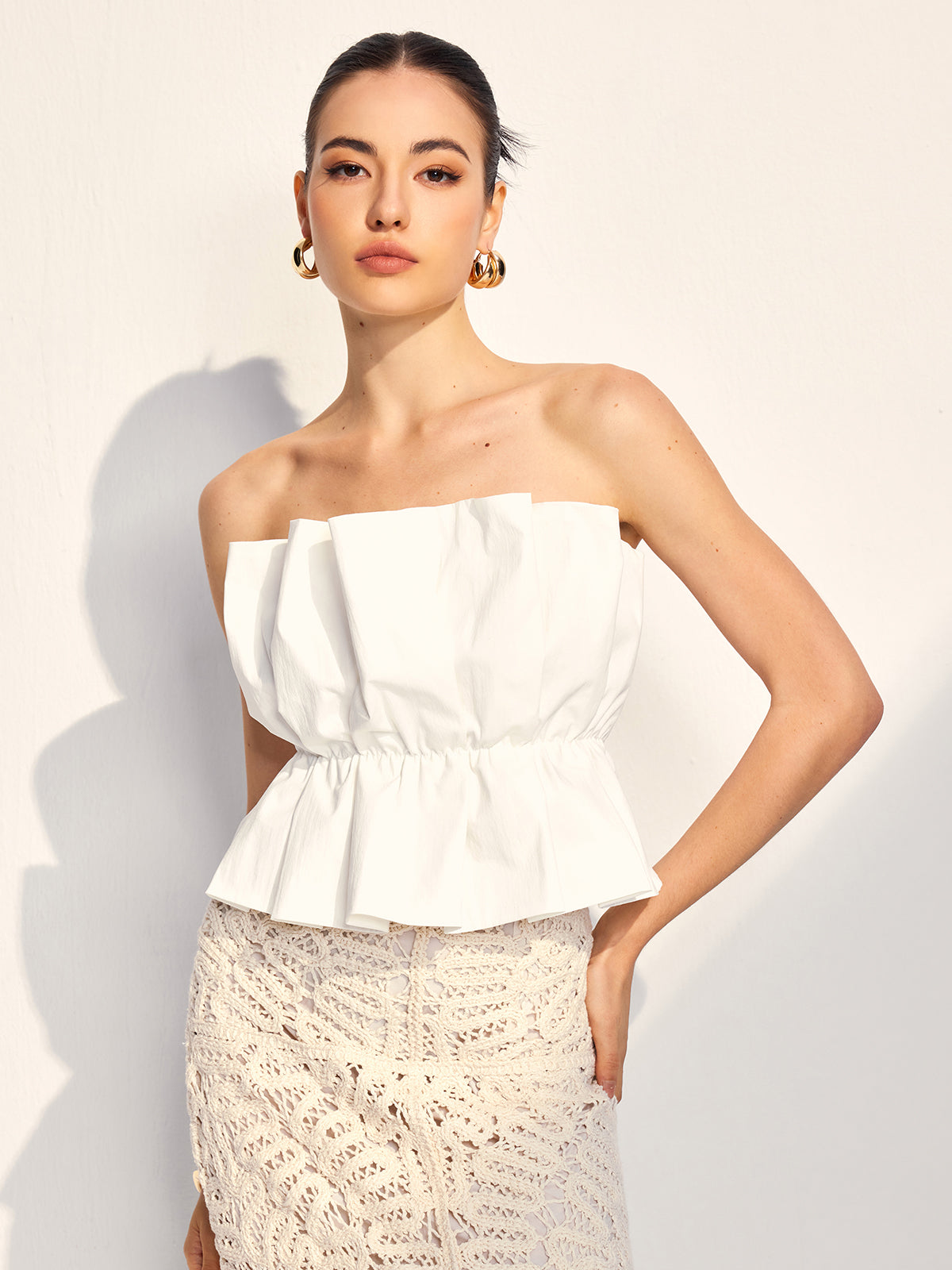 Chique witte strapless top - elegante vrouwen peplum blouse