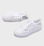 Dames lage sneakers - chique witte canvas veterschoenen voor casual momenten