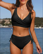 2-delige dames zwemmode hoge taille crossover bikini set - stijlvolle strandmode voor vrouwen