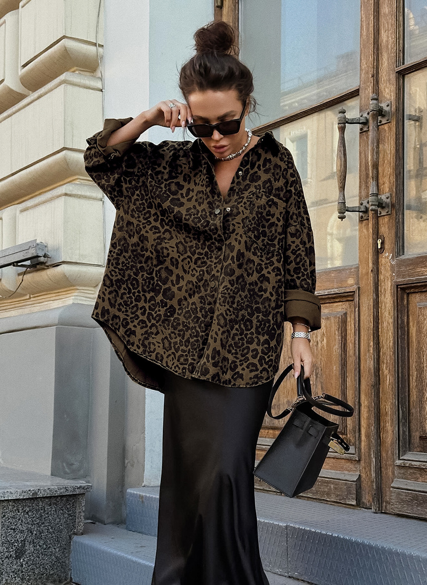 Dames oversized luipaardprint shirt voor casual dagelijks gebruik - trendy button-up shacket in bruin