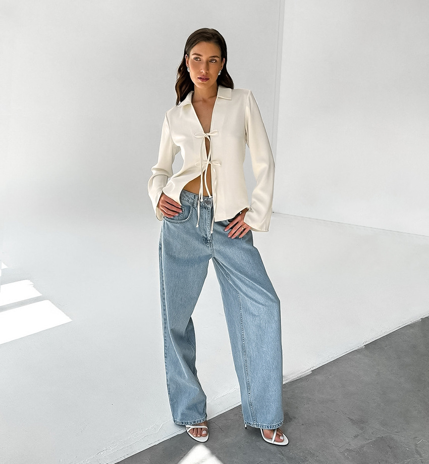 Dames satijnen blouse met strikdetail - elegante witte blouse voor vrouwen