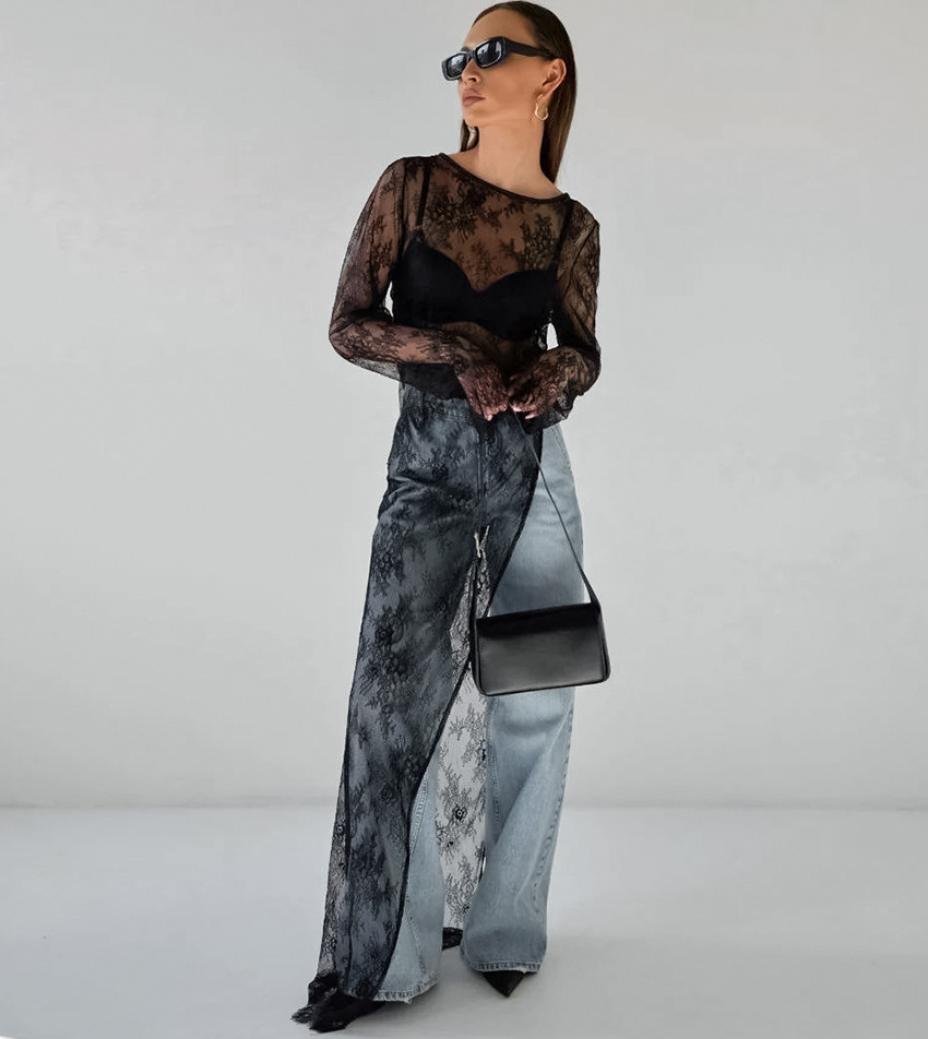 Dames sheer lace blouse met elegante gelaagd design in zwart - veelzijdige tops voor avondkleding & dagelijkse stijl