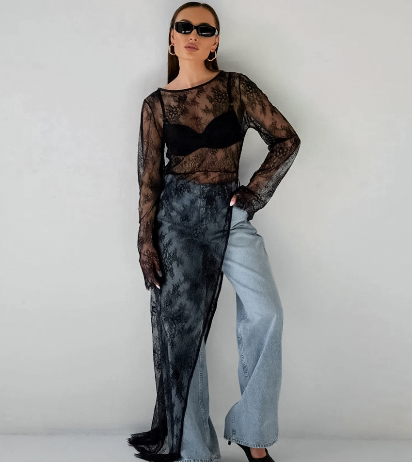 Dames sheer lace blouse met elegante gelaagd design in zwart - veelzijdige tops voor avondkleding & dagelijkse stijl