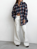 Dames hoge taille wijde pijpen broek - gezellige katoenmix wit casual chic