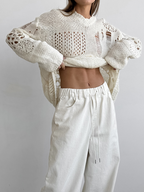 Dames hoge taille wijde pijpen broek - gezellige katoenmix wit casual chic