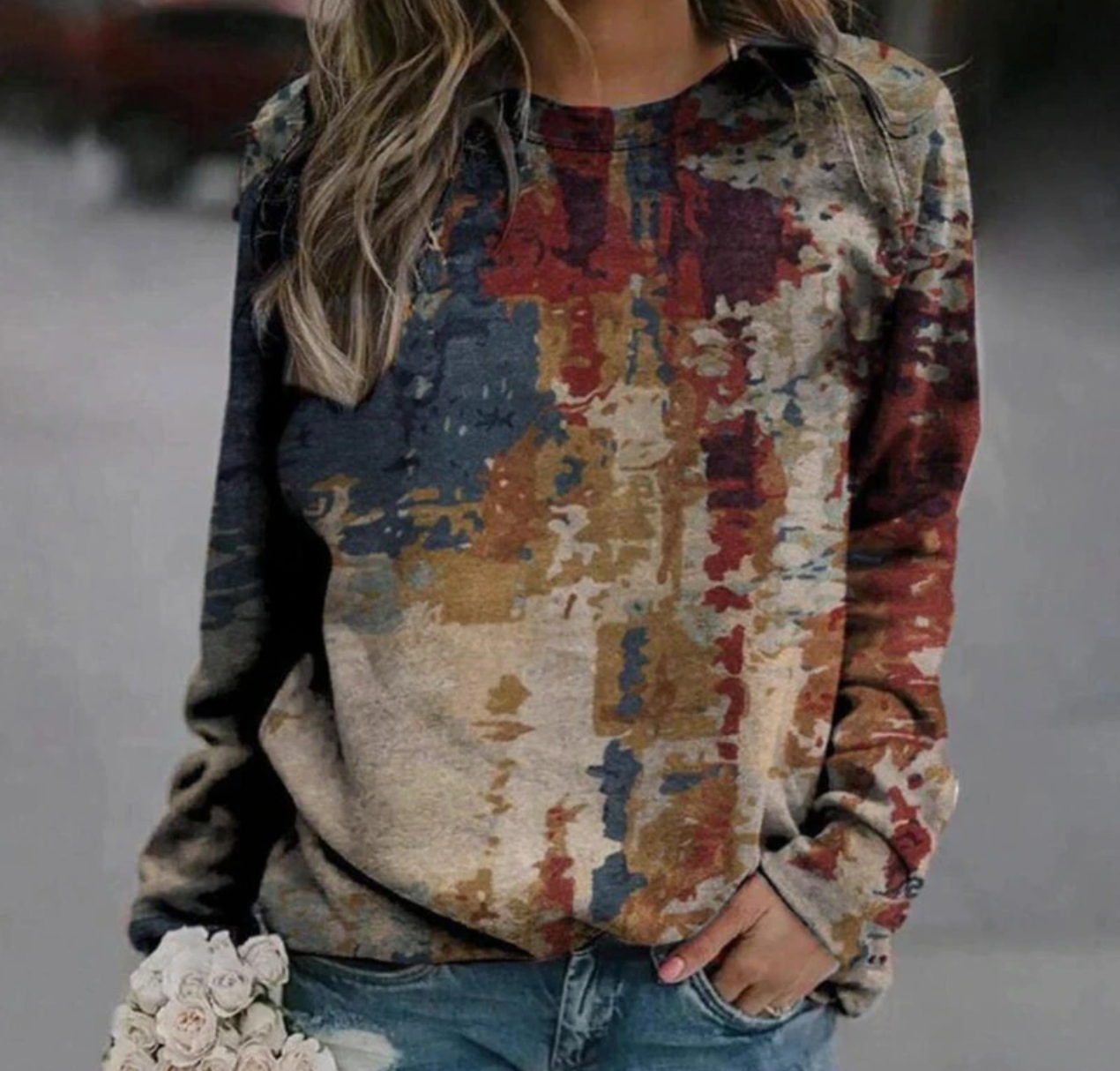 Dames blauwe en beige textuur trui - losse top voor casual look