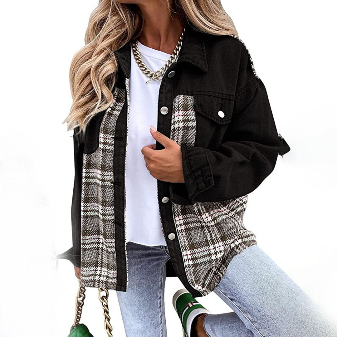 Dames denim shirtjack - stijlvol oversized jack met plaiddetails - Bakkermode.nl