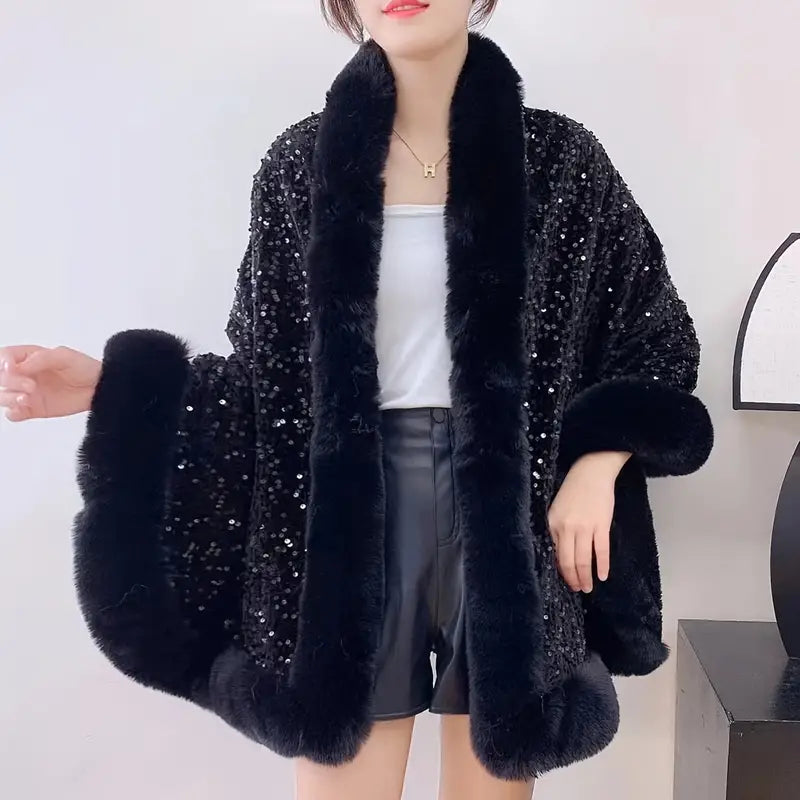 Dames faux fur cape - sprankelende pailletten warme pluche jas