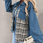 Dames denim shirtjack - stijlvol oversized jack met plaiddetails - Bakkermode.nl
