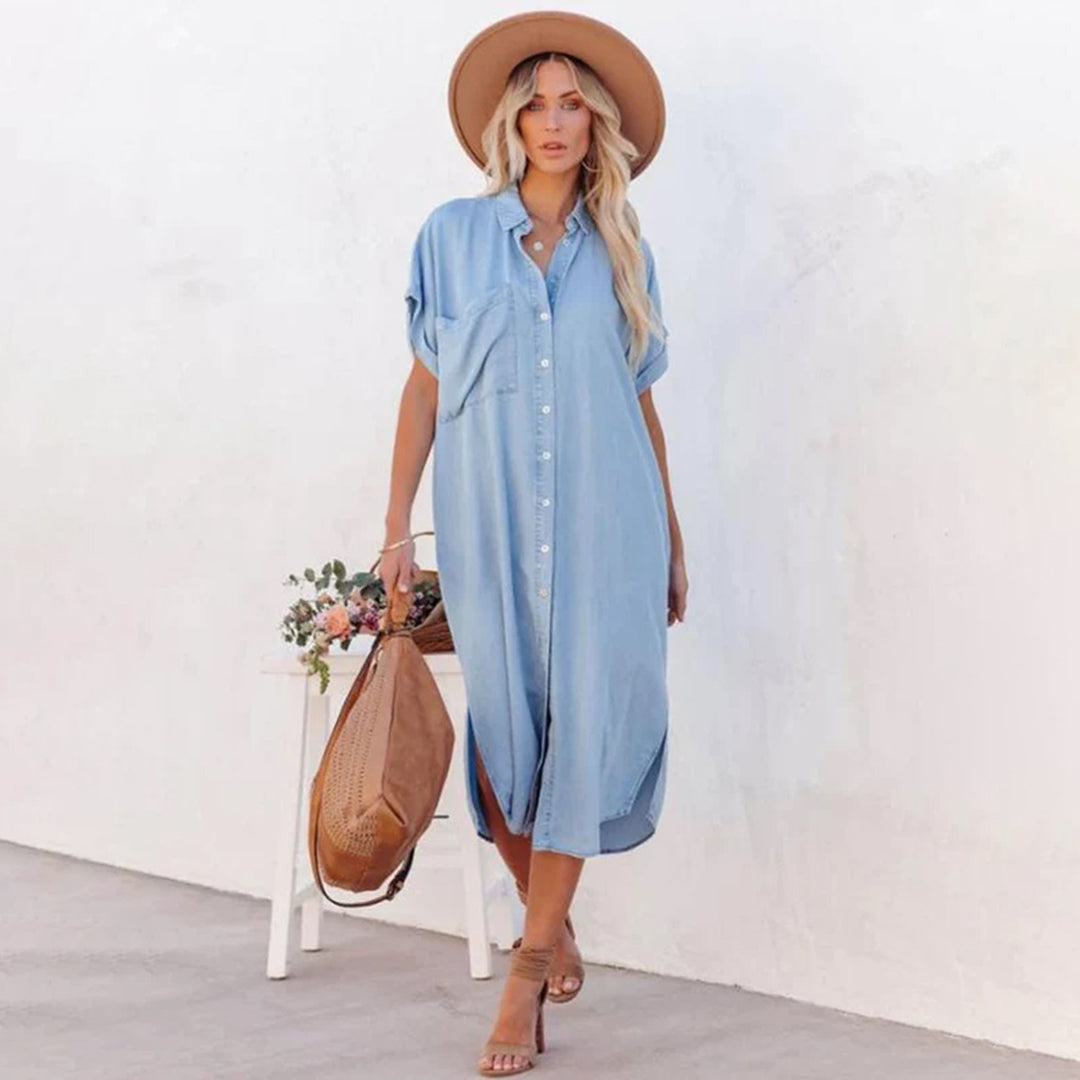 Casual denim jurk - trendy blauwe dames tuniek voor de zomer