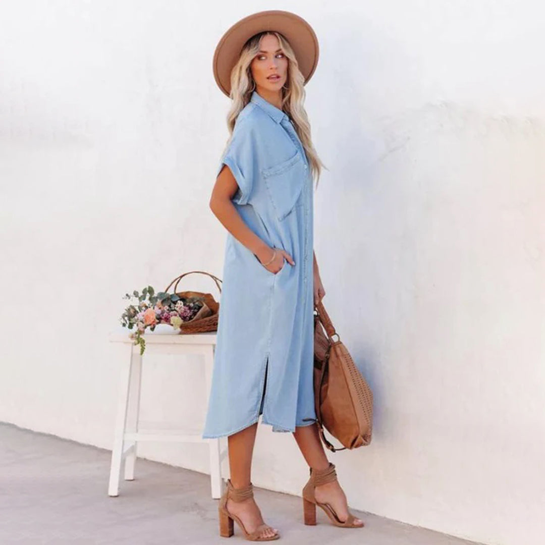Casual denim jurk - trendy blauwe dames tuniek voor de zomer