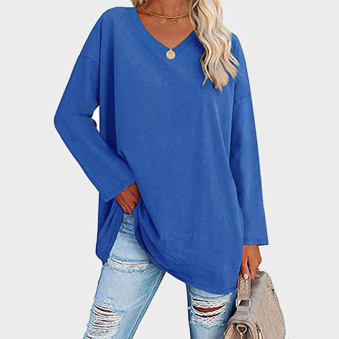 Dames relaxed fit v-hals tuniek blouse met lange mouwen - casual everyday wear, zachte stof