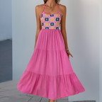 Roze maxi jurk - elegante dames zomerjurk met haakwerk details