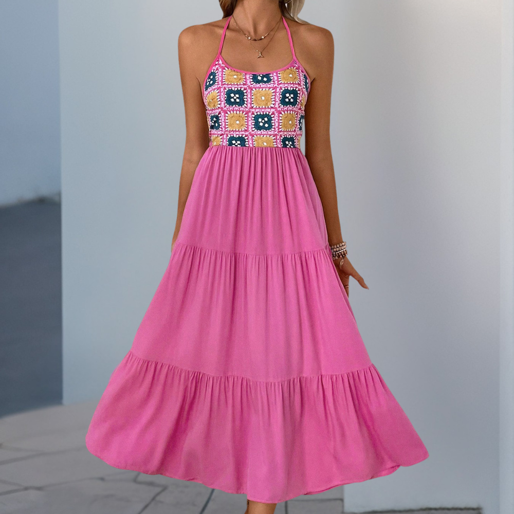 Roze maxi jurk - elegante dames zomerjurk met haakwerk details