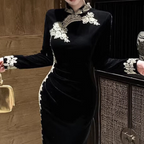 Lange zwarte damesjurk - elegante bloemenstijl avondgown