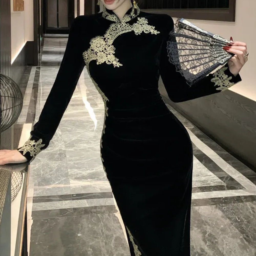 Lange zwarte damesjurk - elegante bloemenstijl avondgown