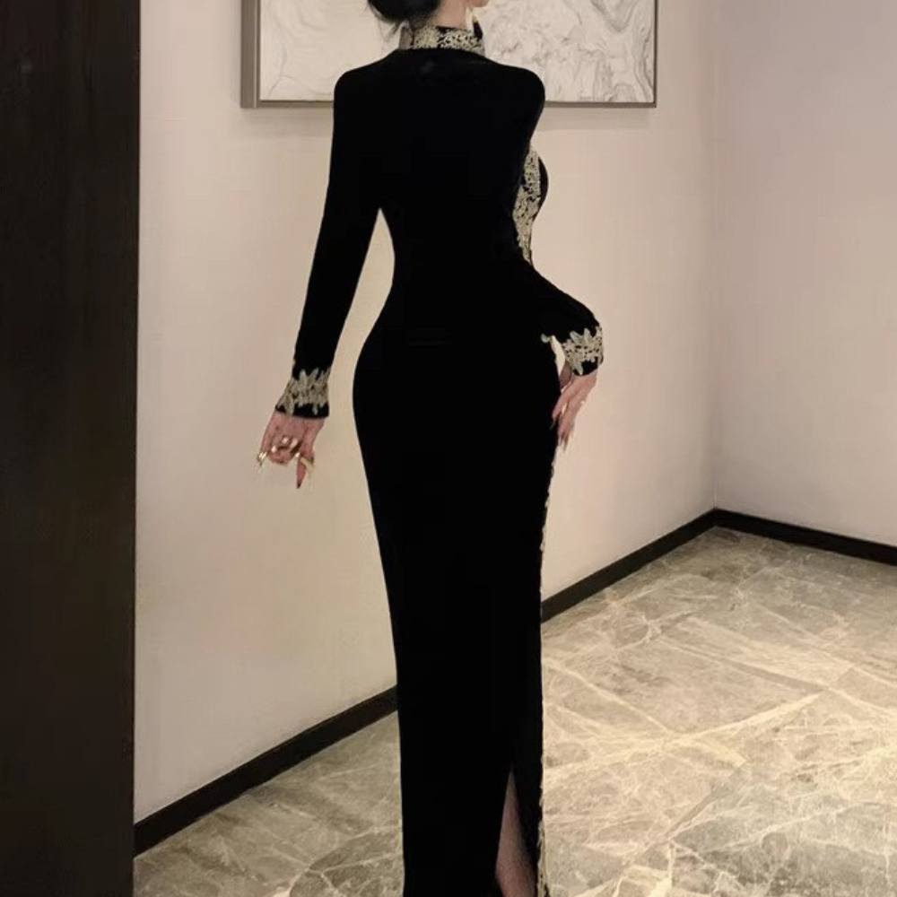 Lange zwarte damesjurk - elegante bloemenstijl avondgown