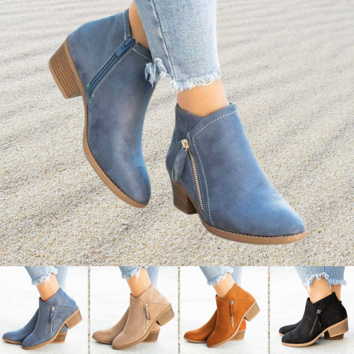 Dames suede enkellaarsjes met dubbele rits - trendy chunky laarsjes voor casual en chique gelegenheden