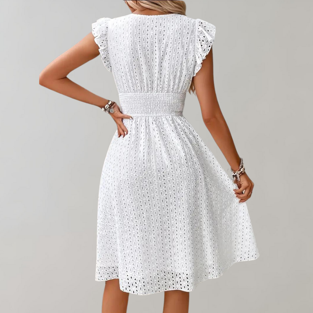 Witte zomerjurk - elegante midi jurk voor dames met ruches mouwen