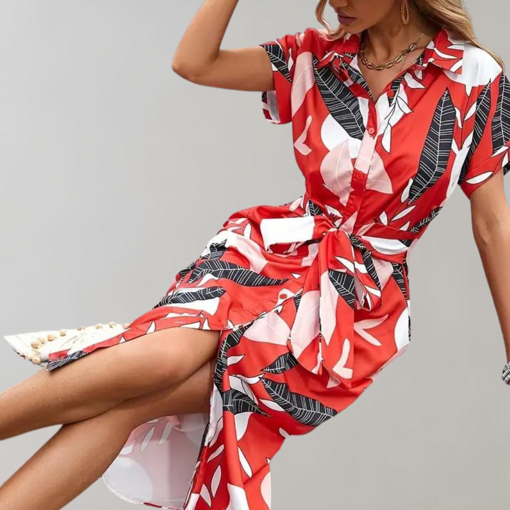 Zomerjurk - stijlvolle dames jurk met knopen en strik taille