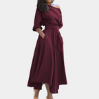 Dames off-shoulder midi jurk - verfijnde jurk met riem
