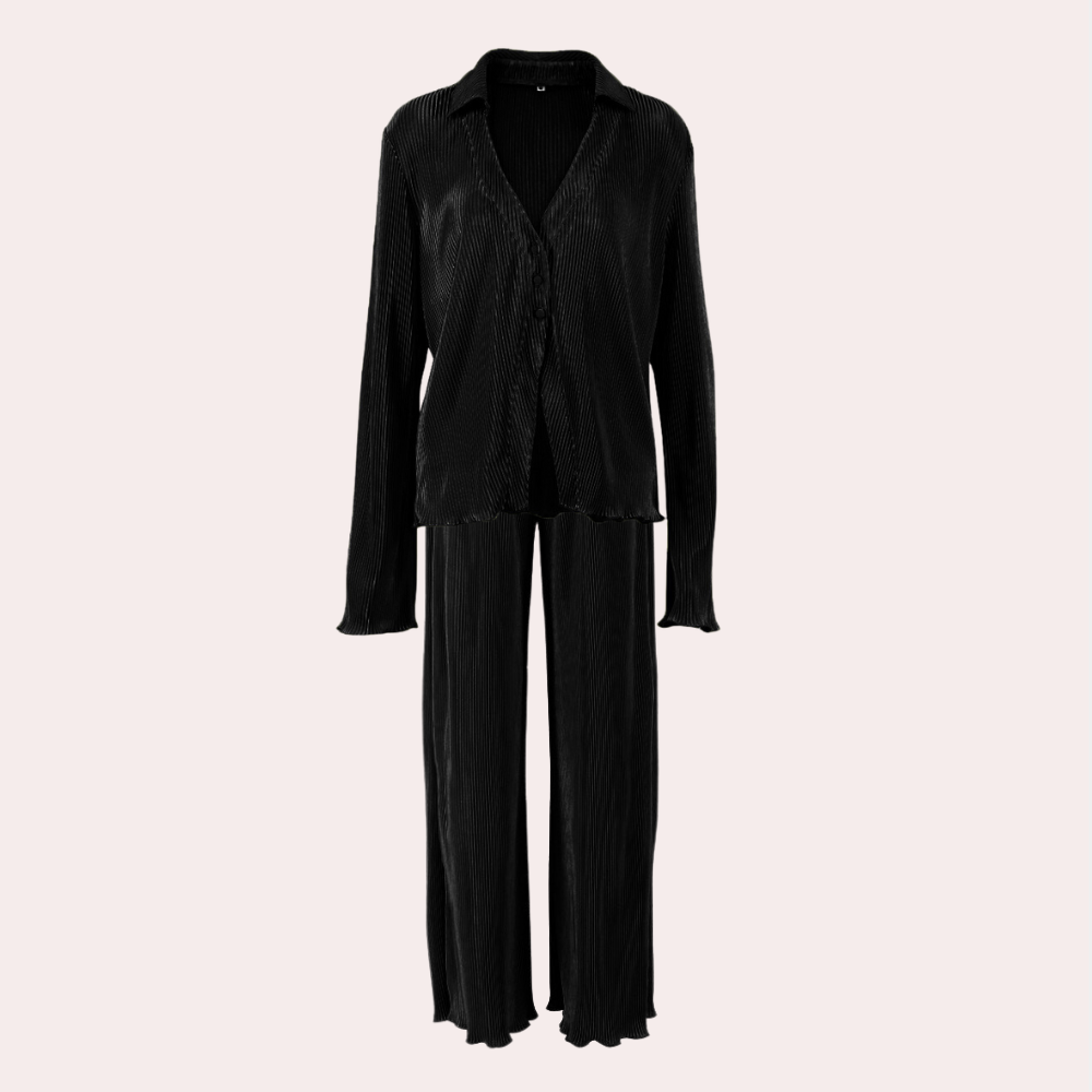 2-delige geplooide loungewear set - elegante zwarte damesoutfit