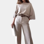 2-delige apricot damespak - stijlvolle blouse en wijde broek