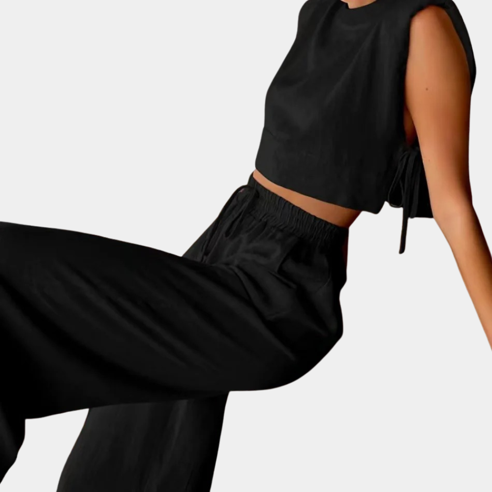 2-delige linnen dames set - stijlvolle crop top en wijde broek