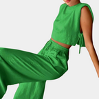 2-delige linnen dames set - stijlvolle crop top en wijde broek