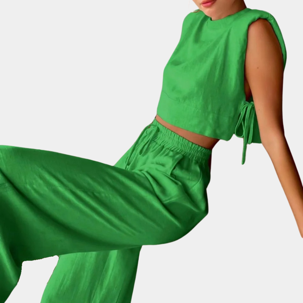 2-delige linnen dames set - stijlvolle crop top en wijde broek