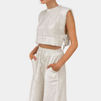 2-delige linnen dames set - stijlvolle crop top en wijde broek