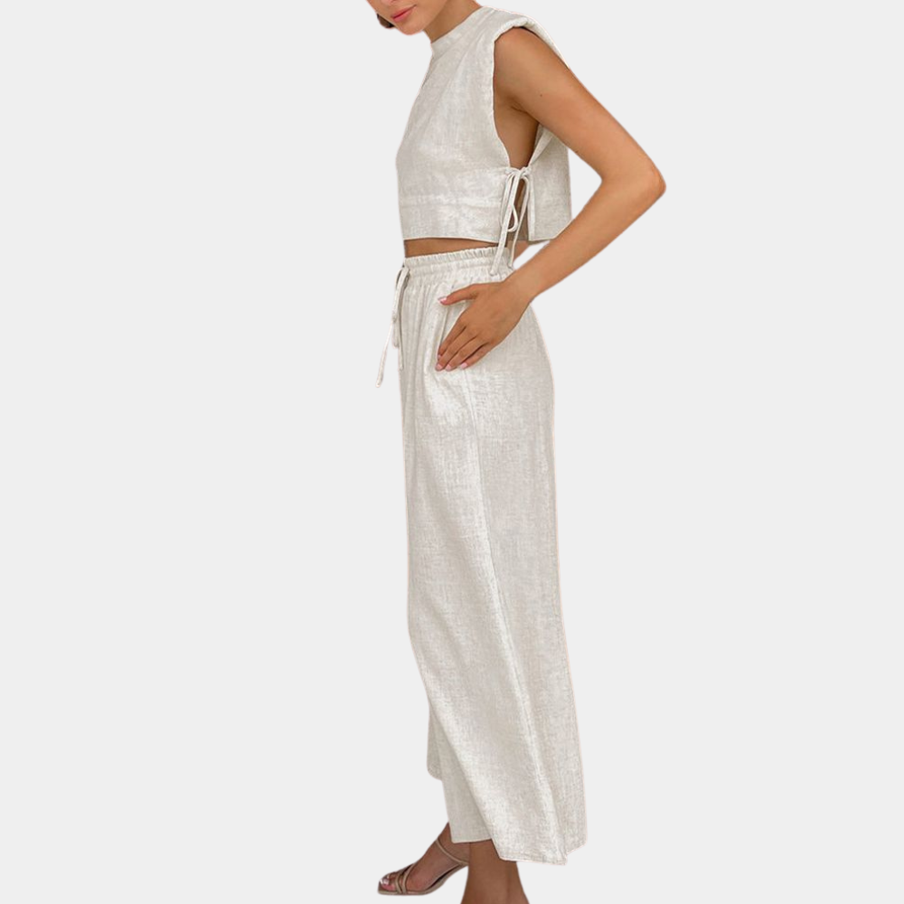 2-delige linnen dames set - stijlvolle crop top en wijde broek