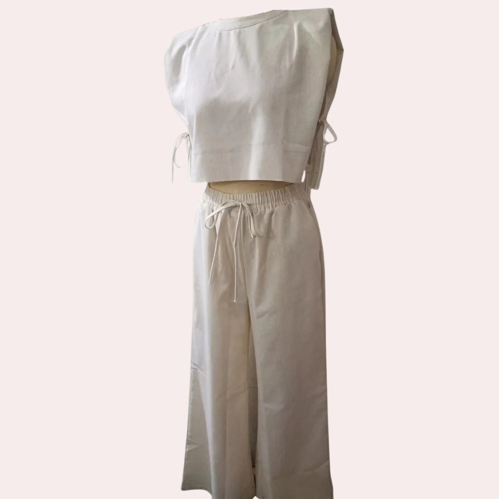 2-delige linnen dames set - stijlvolle crop top en wijde broek