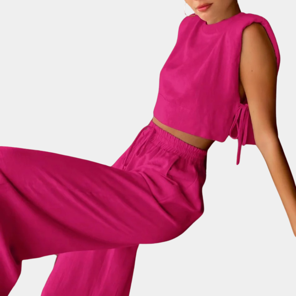 2-delige linnen dames set - stijlvolle crop top en wijde broek